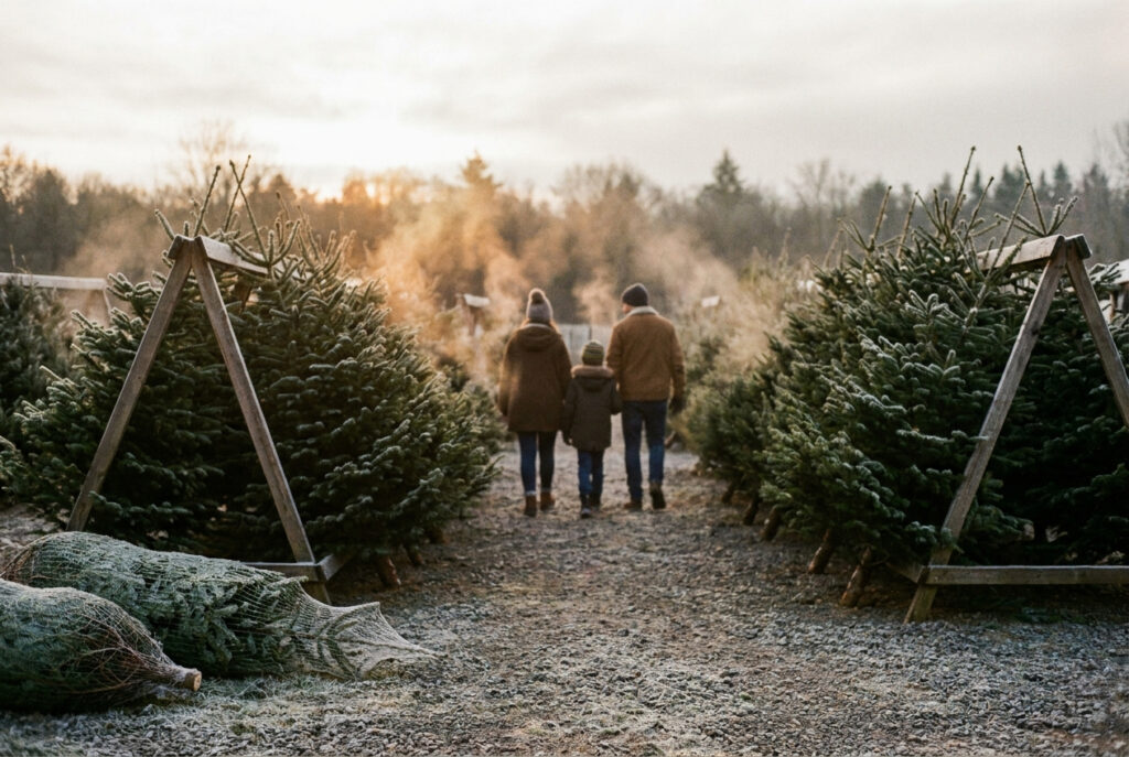 Weihnachtsbaumverkauf: Familie wählt eine Nordmanntanne an der Kultur aus