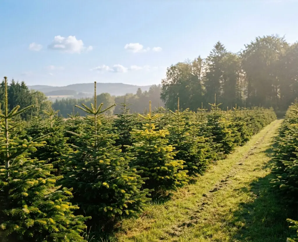 Reihen junger Nordmanntannen in der regionalen Weihnachtsbaumkultur